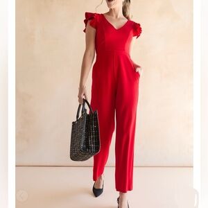 FRANCESCA’S BLUE RAIN Sylvia Ruffle Sleeve Back Keyhole Red Jumpsuit EUC